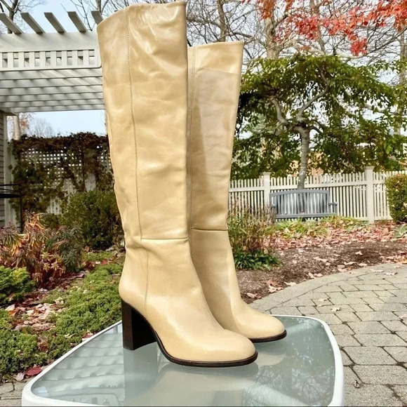 New Free People Grayson Tall Boots Leather Heeled Knee High Beige Cream - Picture 1 of 9